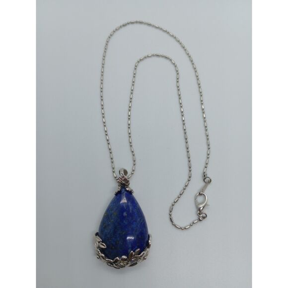 Large Teardrop Lapis Lazuli Floral Cage Pendant Silver Tone 18" Chain Necklace - Picture 2 of 7